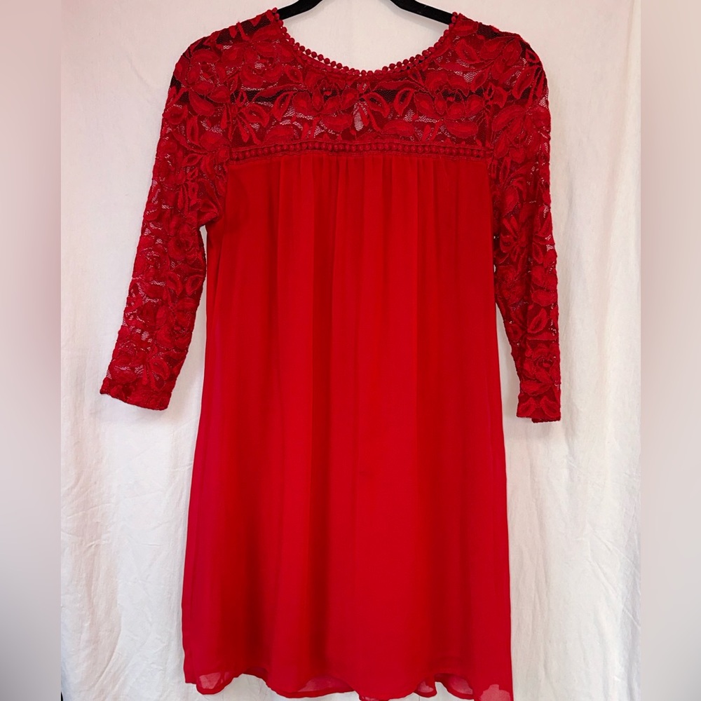 As You Wish Long Sleeve Red Dress Lace Accent Size S